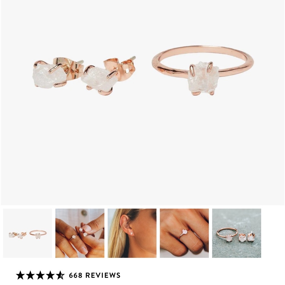 PURA VIDA Raw Crystal Earring + Ring Set Raw Clear Quartz and Rose Gold SIZE 7